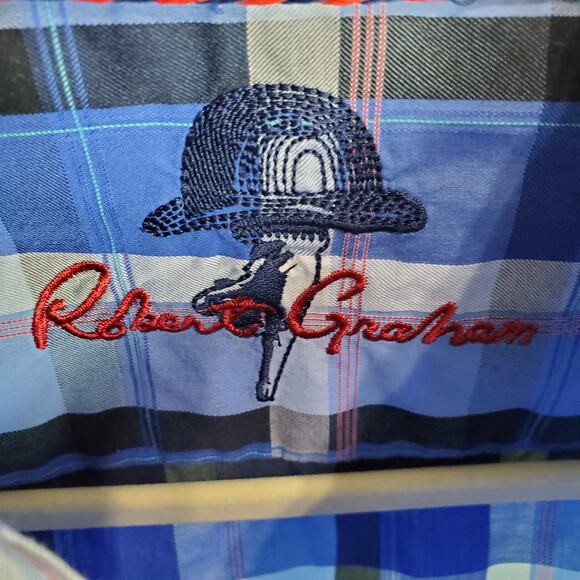 Robert Graham Blue Classic Fit Plaid Button Front Short Sleeve Shirt Size Medium - Picture 5 of 6